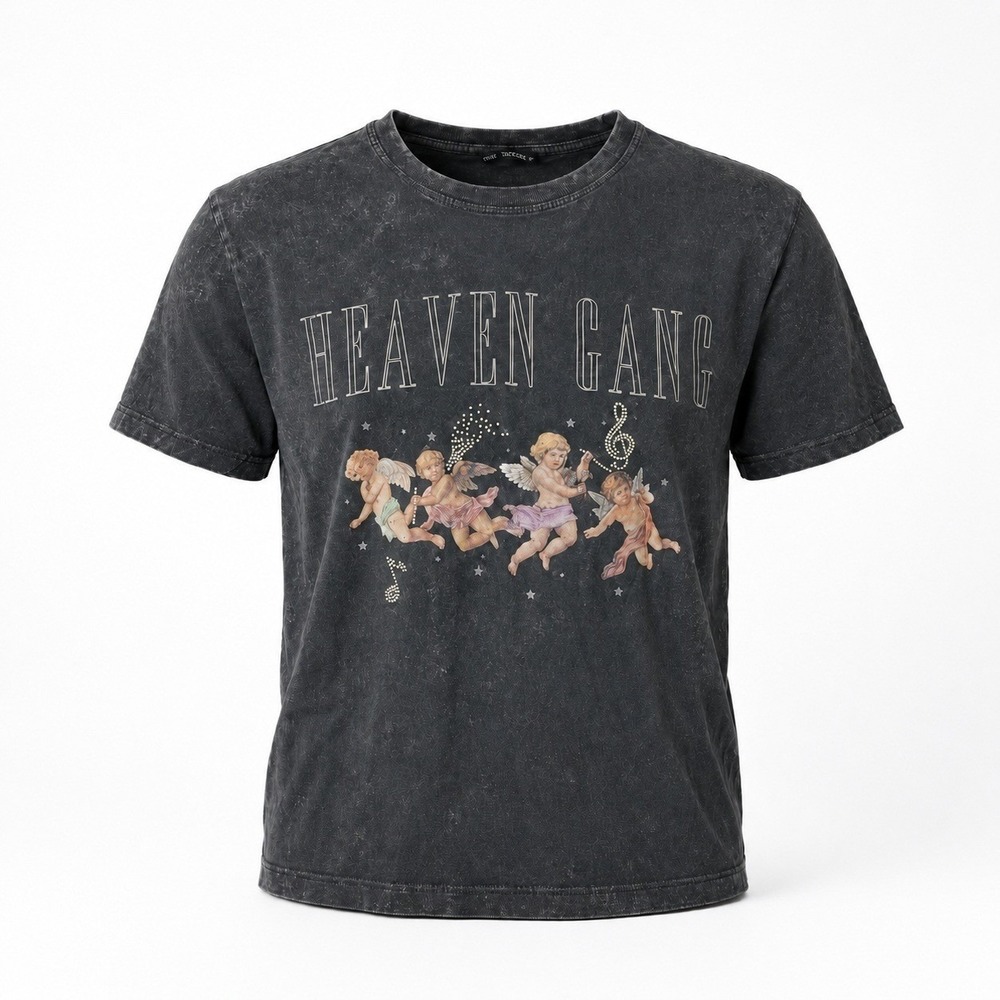 Zara Graphic Tee Women M Black Heaven Gang Cherub Rhinestone Acid Wash